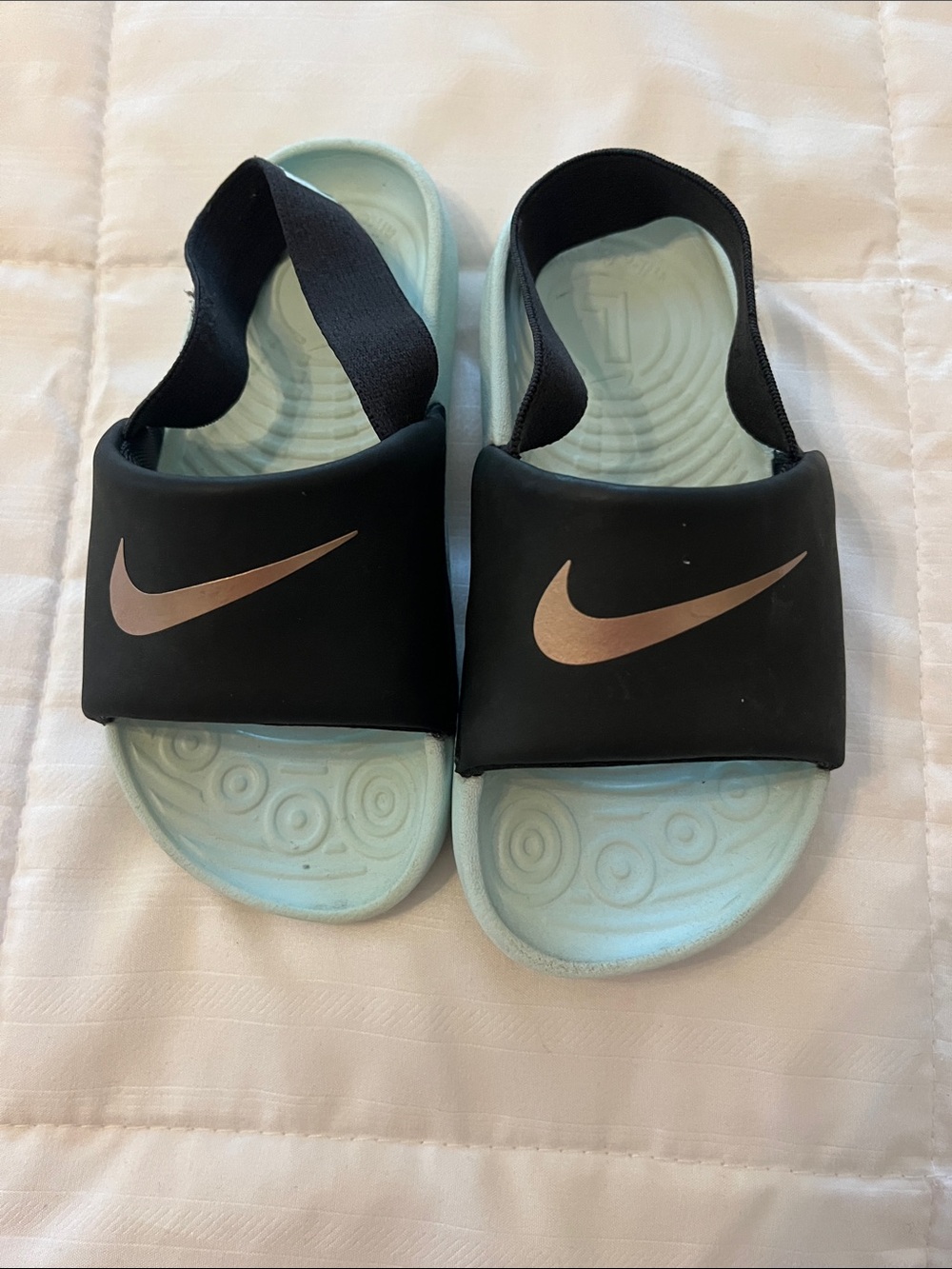 Nike Black Slides with Light Blue Footbed and Rose Gold Swoosh